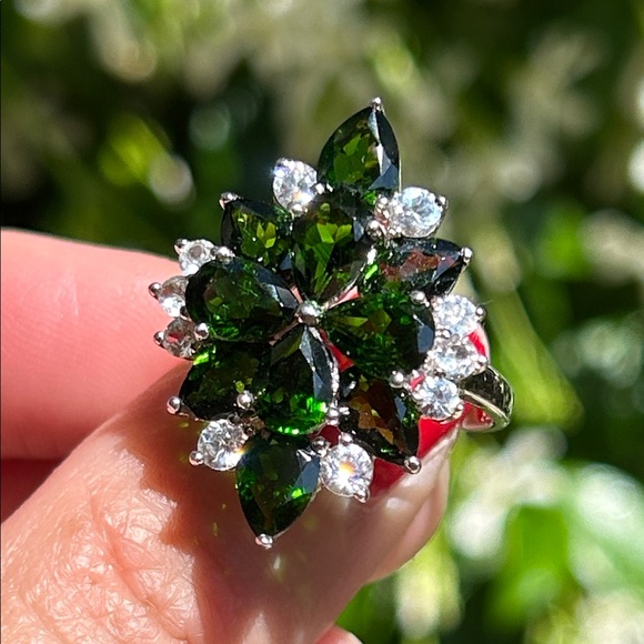Sterling Silver Vibrant Green Chrome Diopside Floral Ring Size 10 - Picture 6 of 14